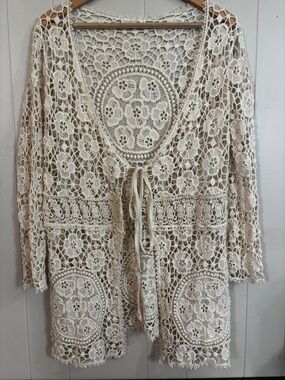 Tickled Pink Crochet Lace Open-Front Cardigan Cream